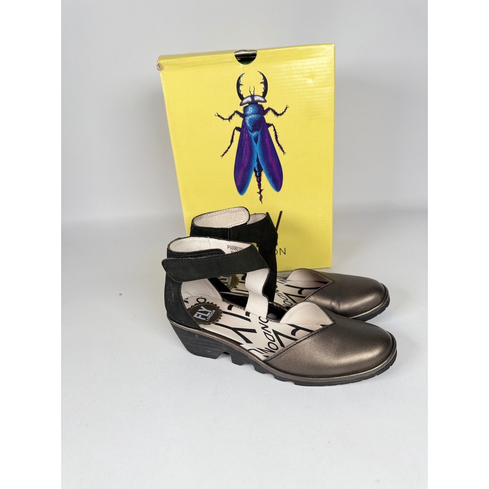 Fly London Pats Anthracite Black Ankle Strap Wedge Sandals P500801000 Size 37